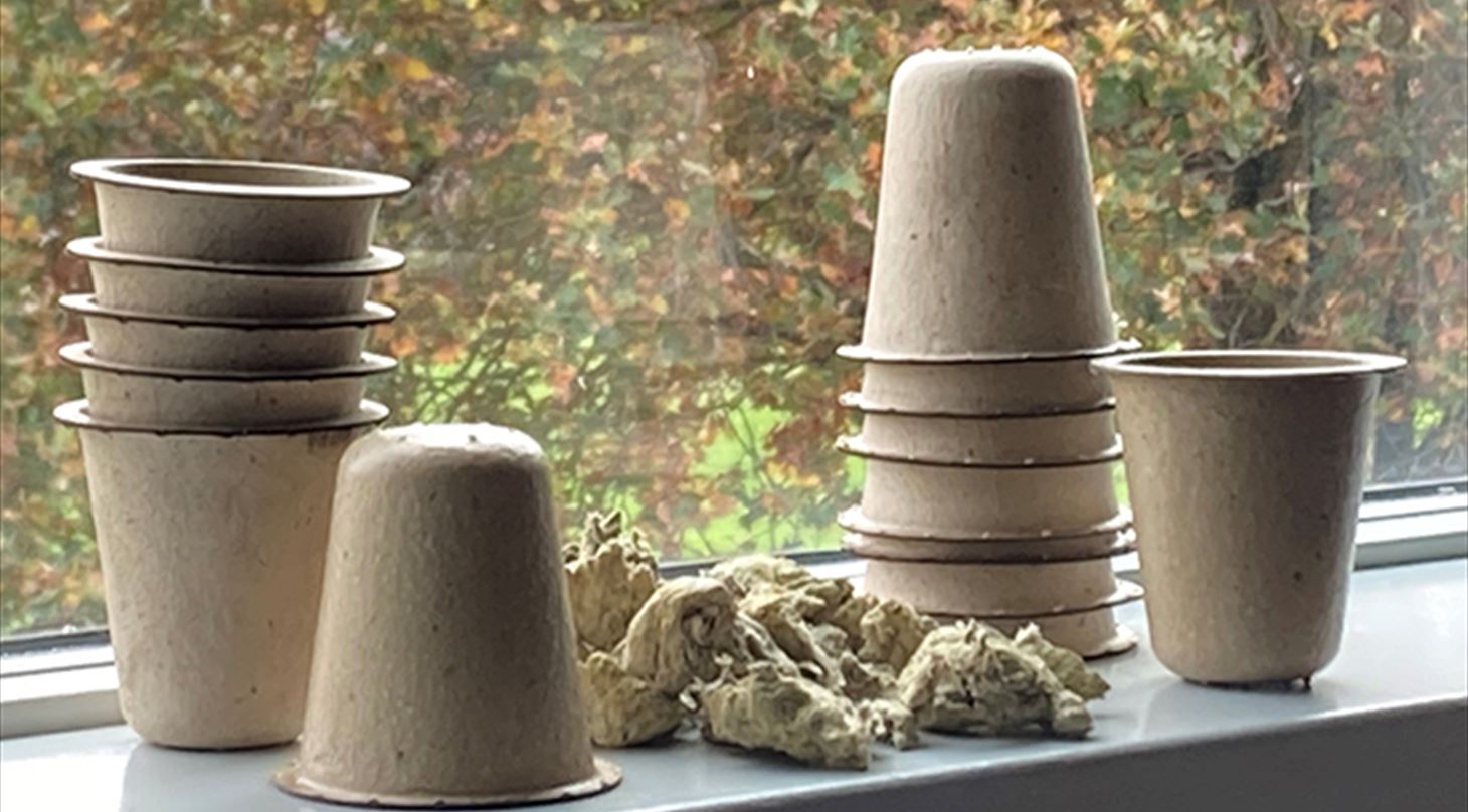 Billedet viser et antal papirbaserede v�dst�bte kopper, der st�r i en vindueskarm med efter�rsblade i baggrunden. Billedet er taget til brug for GUDP-projektet SinProPack